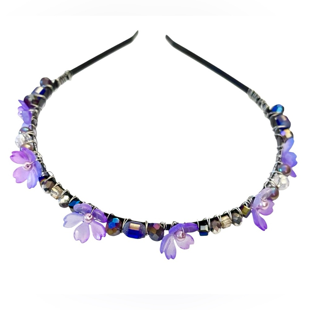 Fairy Headband with Lucite Flowers and Crystals Hand Wired onto Black Headband - Picture 2 of 6